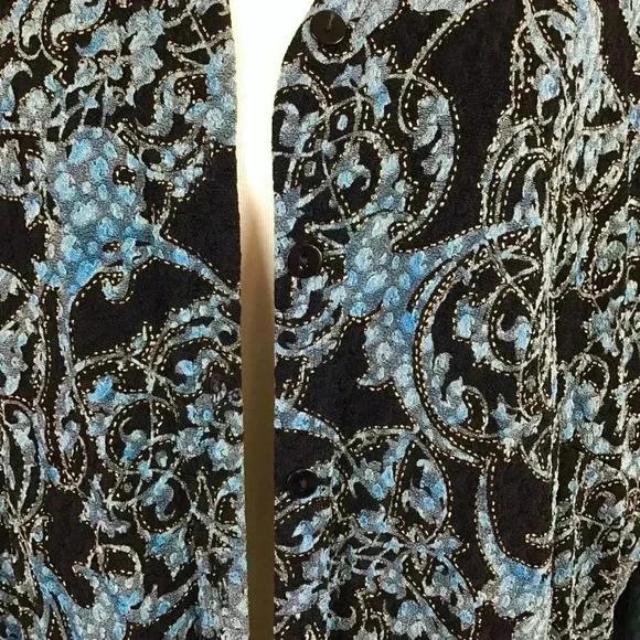 Vintage Laura Ashley Blue Metallic Floral Twinset Slinky Button Down V-Neck 1X - Picture 10 of 14